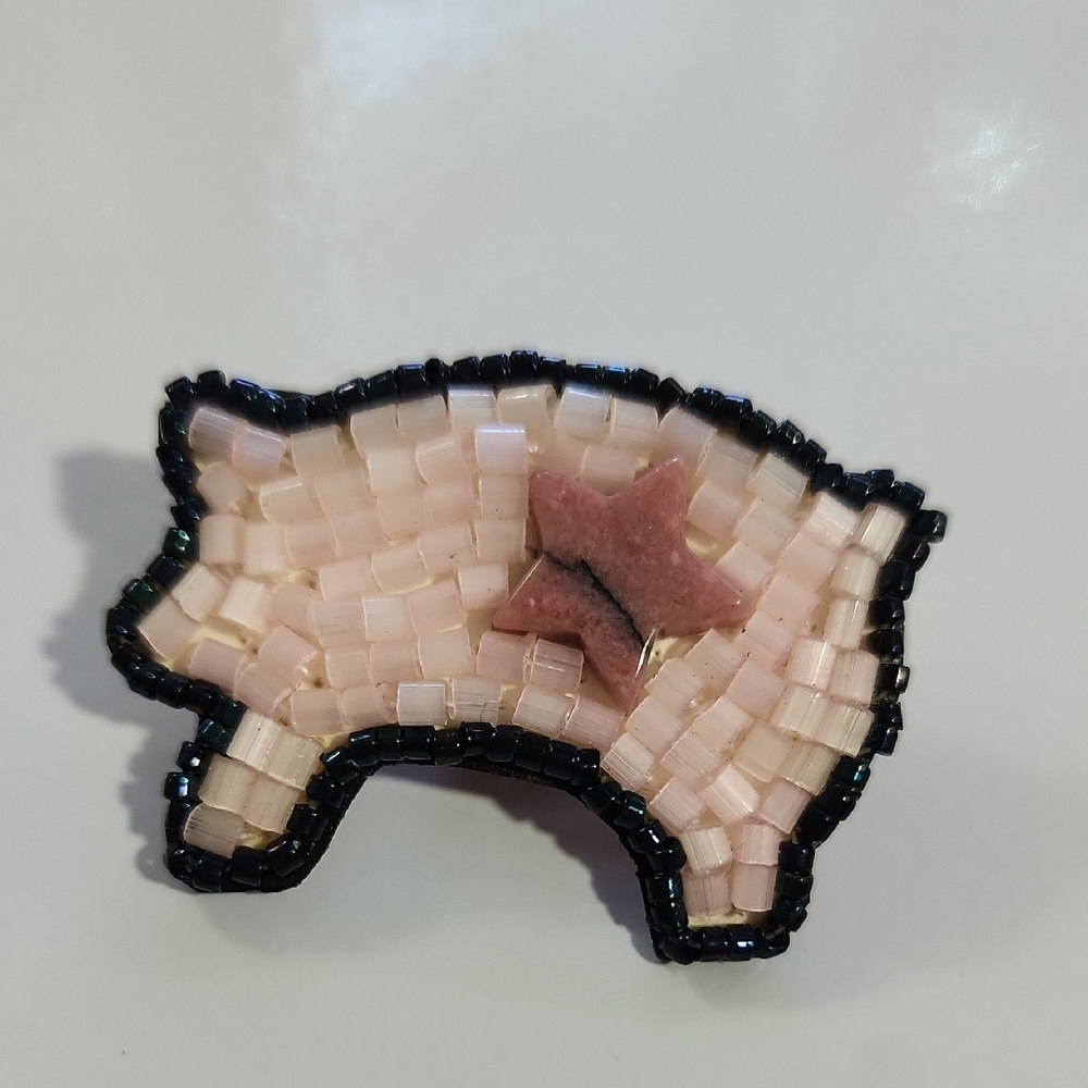Elegant Pig Pink and Black Beaded Brooch